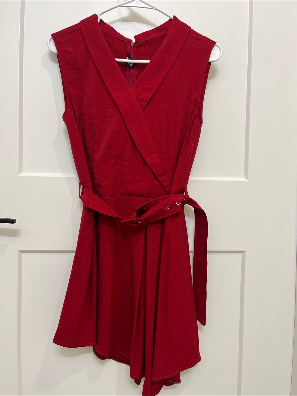 Asymmetrical Red Sleeveless Wrap Dress with Waist Tie
